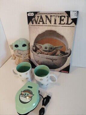 Baby Yoda, Grogu Collection.Plush Matching Mugs & Waffle Maker, 12"x16" Wall Art